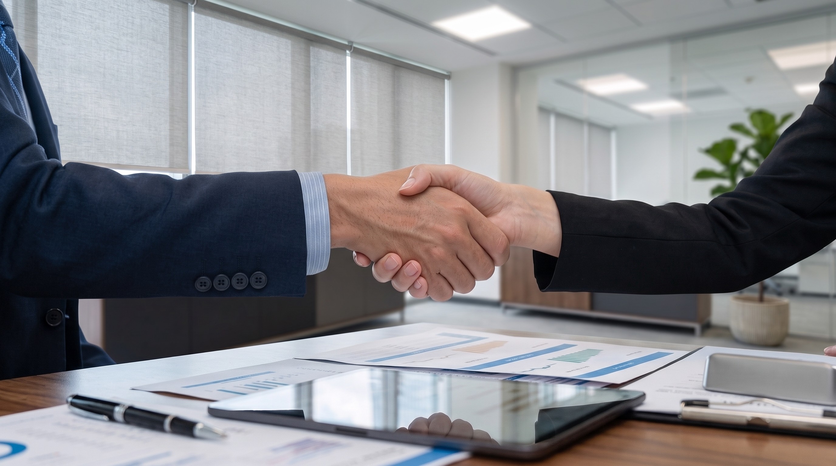 AAIG representative shaking hands with a manufacturing client across a boardroom table