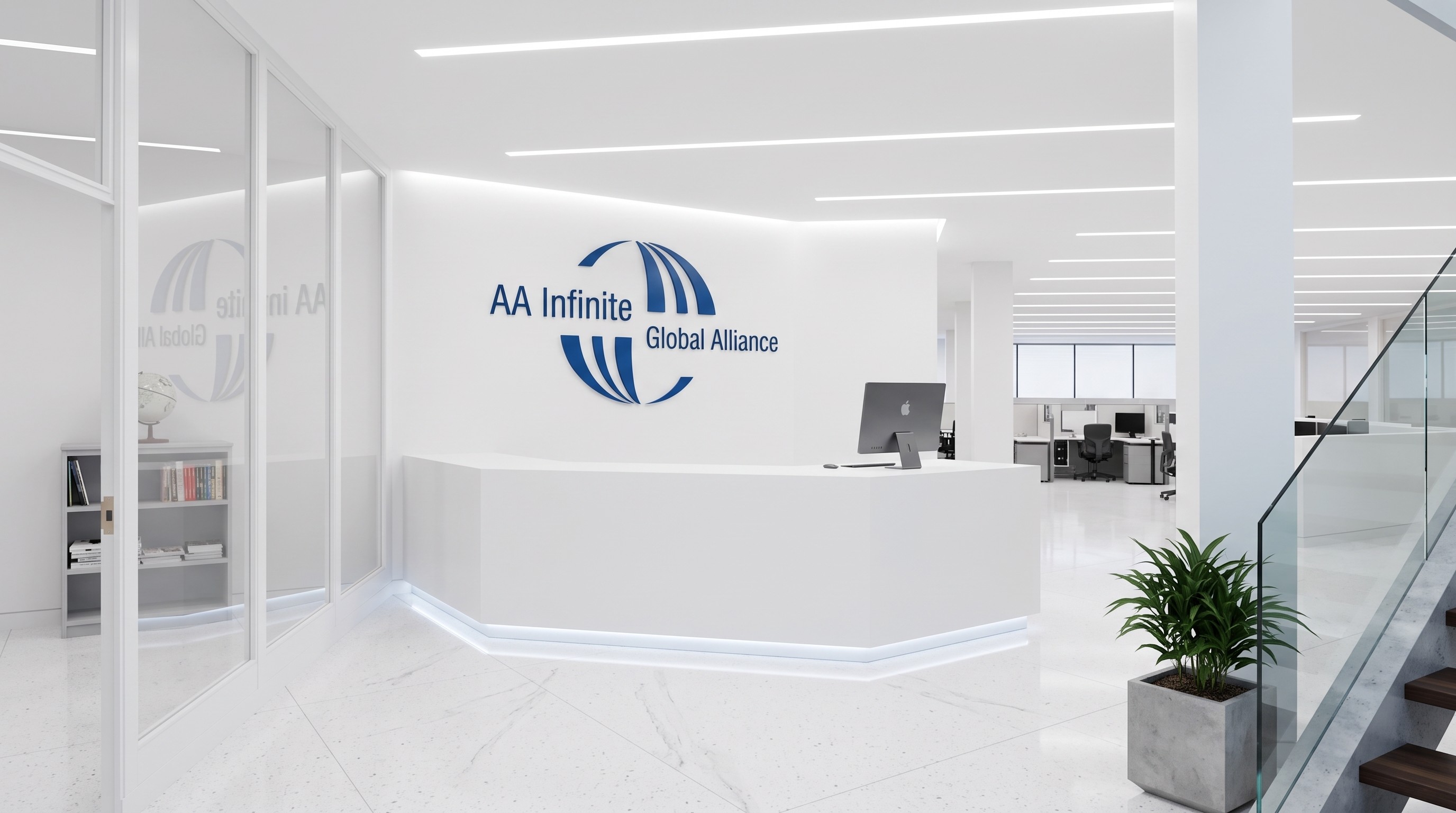 AA Infinite Global Alliance headquarters reception with branded logo wall