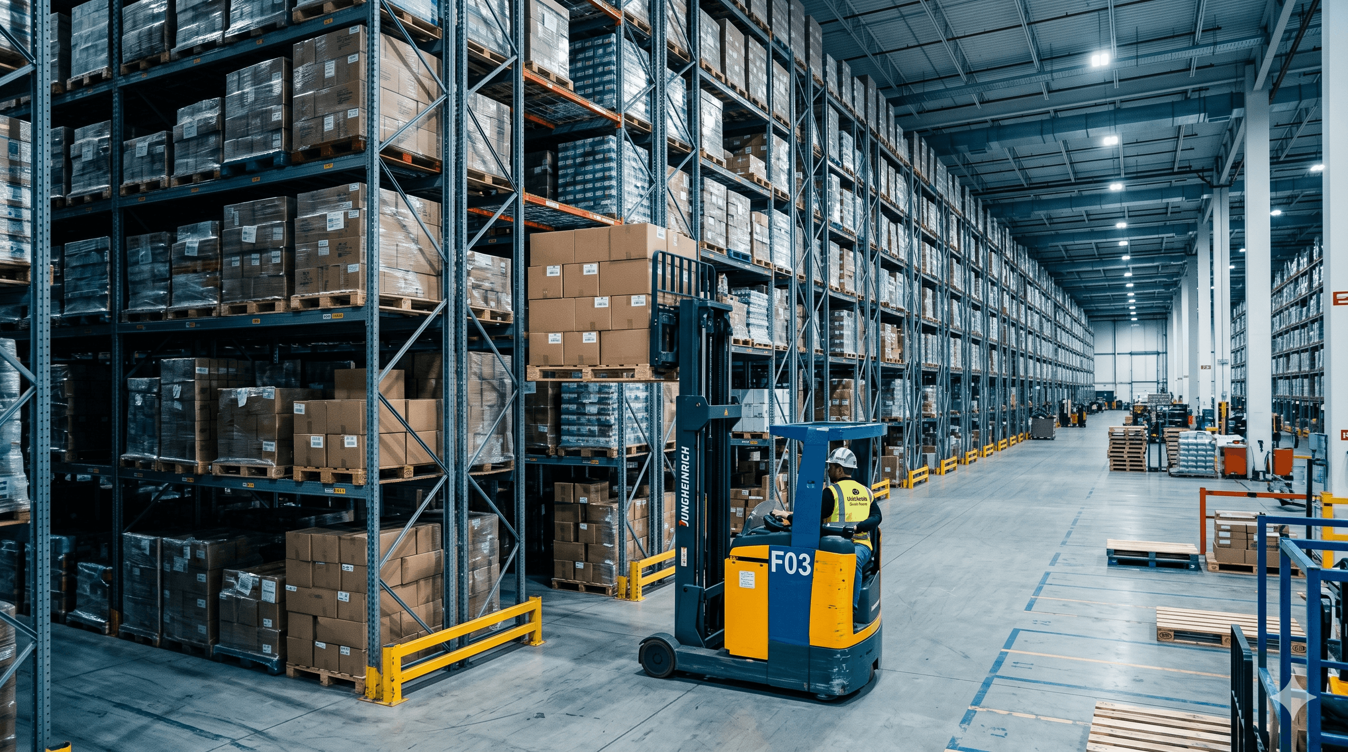 High-rack 3PL warehouse with a reach-truck operator