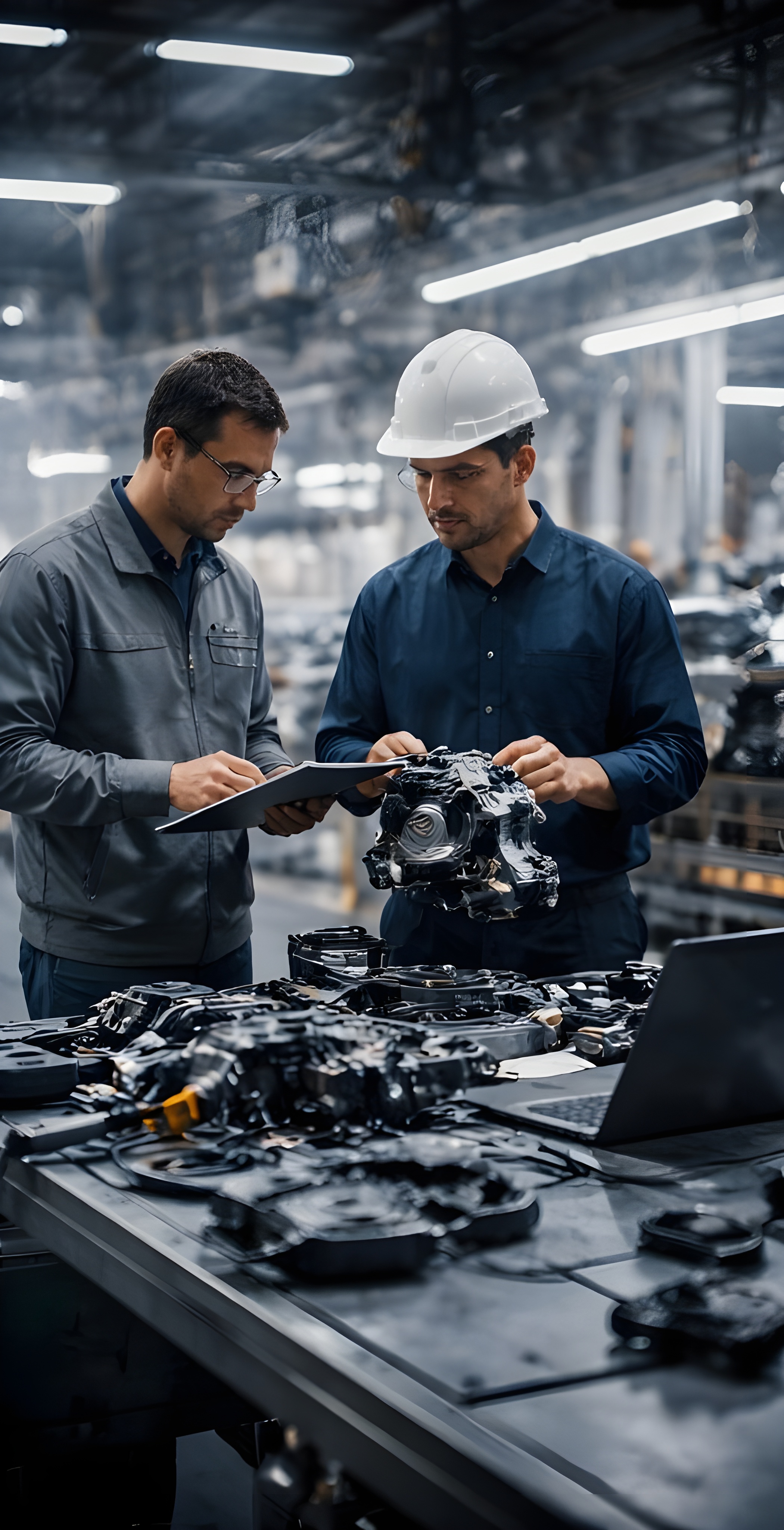 Engineers inspecting an automotive part for quality
